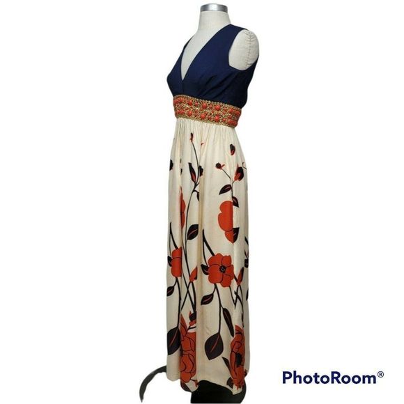 Vintage 60s 70s Union Made Maxi Dress Navy Orange Floral Skirt Beaded Waist - Picture 5 of 12
